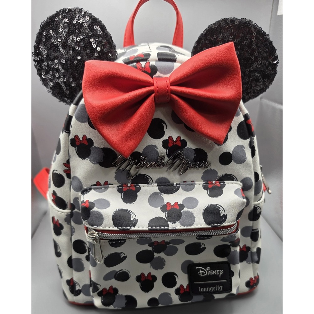 Loungefly Disney Minnie Mouse Glitter Ears Red Bow Mini Backpack Black White